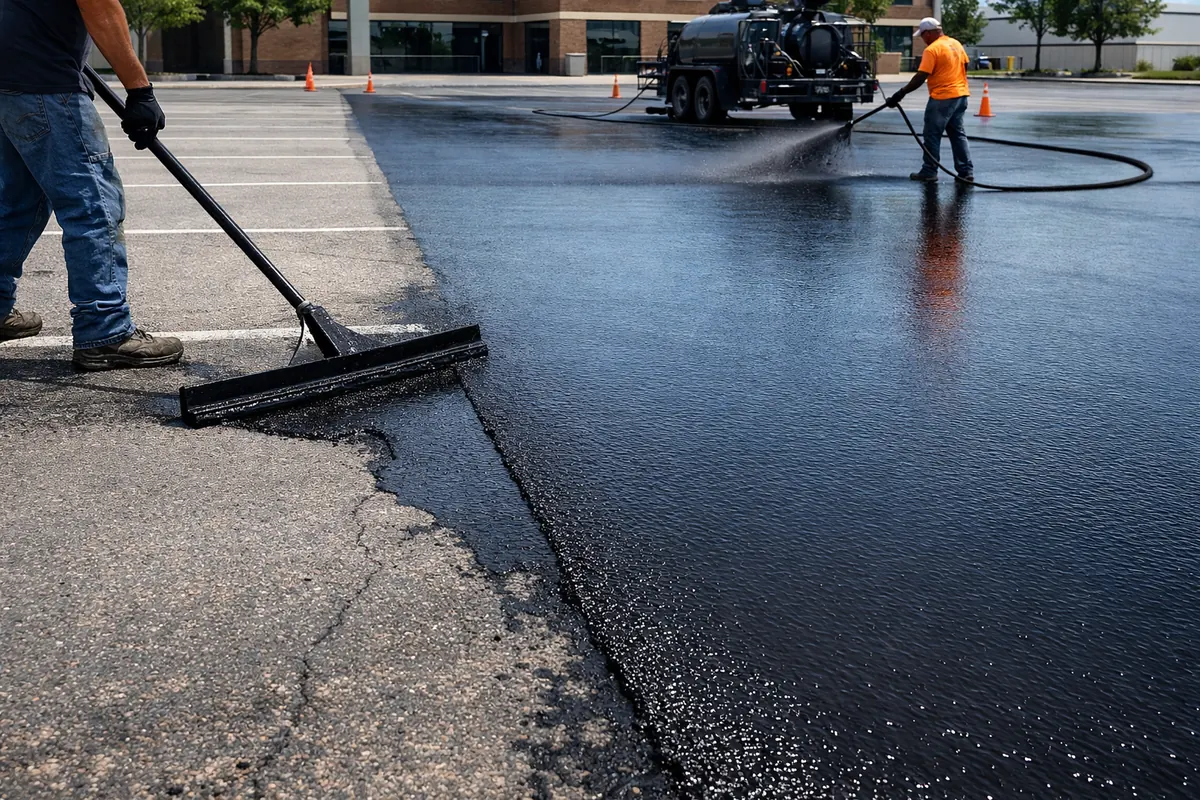 CTownLineWorks crew applying asphalt sealcoat on a commercial parking lot in Columbus, Ohio