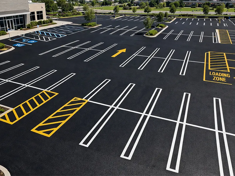 Freshly striped commercial parking lot with white lines, yellow paint, and ADA-accessible spaces in Columbus, Ohio